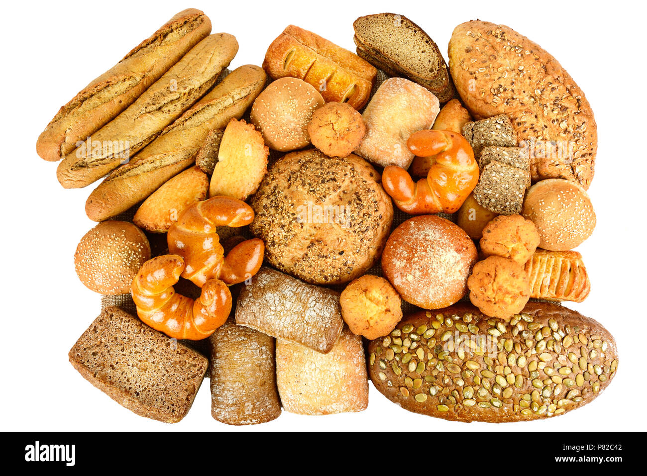 Collection of grain bread and baked goods isolated on white background. Top view. Flat lay Stock Photo