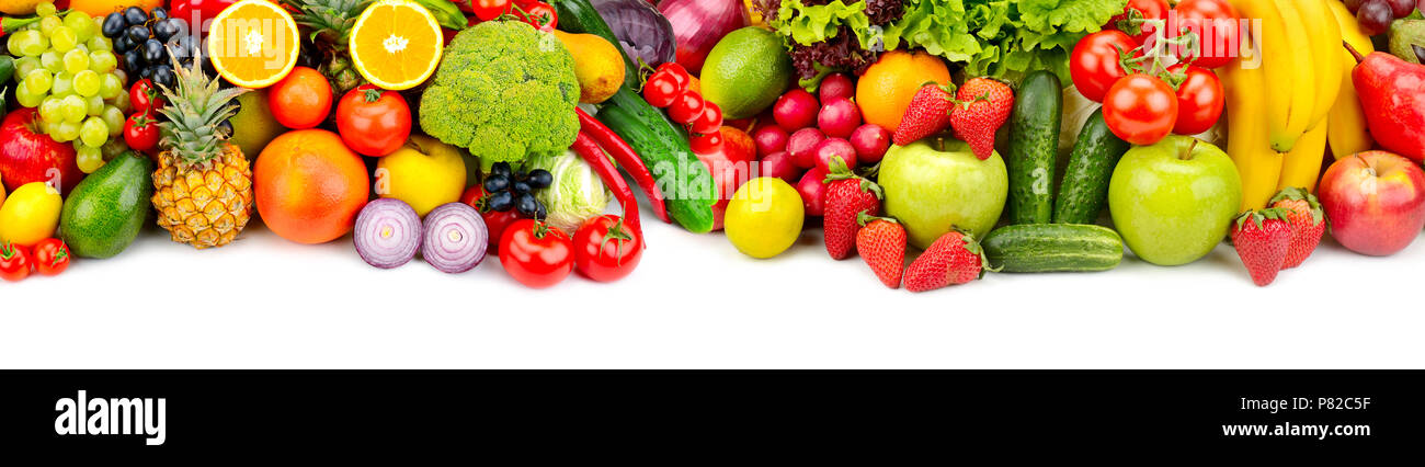 Panoramic collection fresh fruits and vegetables for skinali isolated on white background. Top view. Copy space. Stock Photo