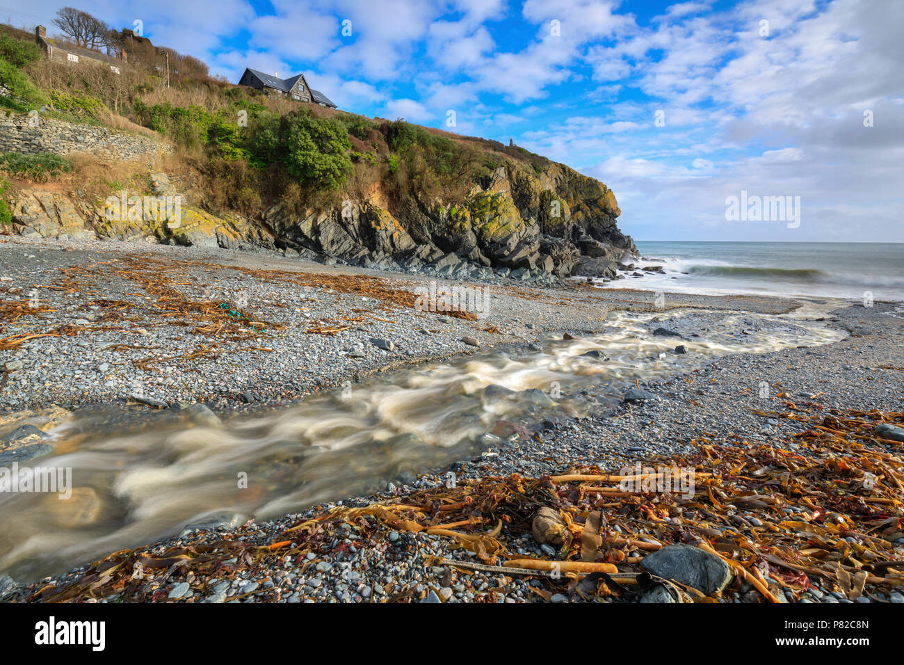The stream on the shingle beach at Cadgwith Cove in Cornwall Stock Photo