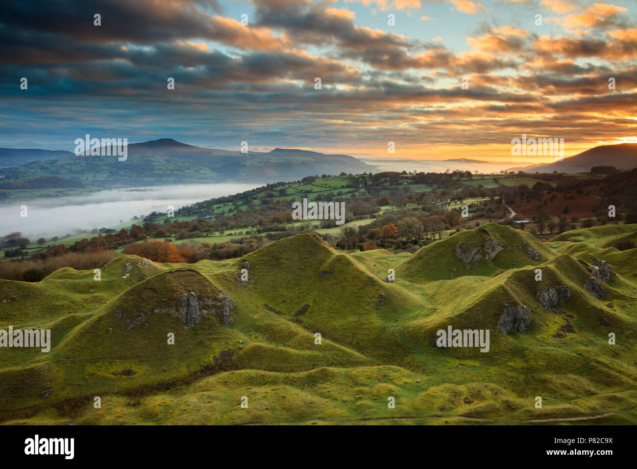 Sunrise at the Llangattock Escarpment in the Brecon Beacons National Park. Stock Photo