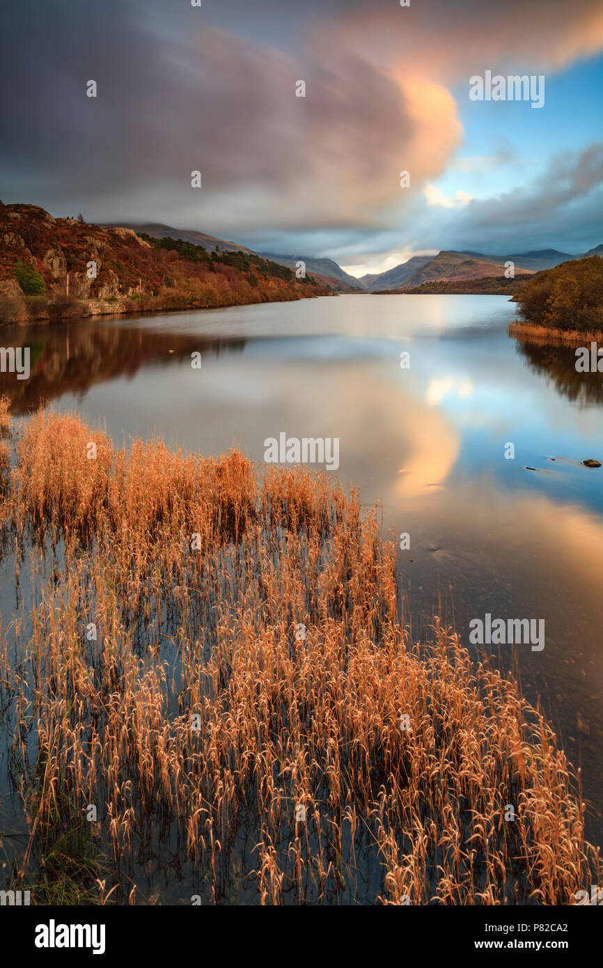 Llyn Padarn in the Snowdonia National Park captured at sunset. Stock Photo