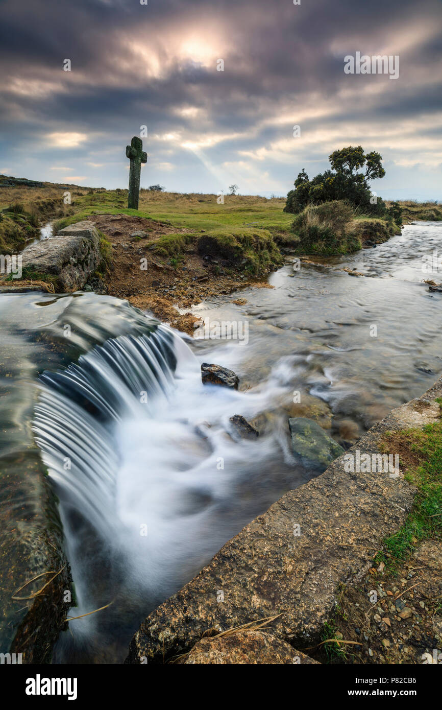 A waterfall on the Devonport Leat captured at Windy Post in the Dartmoor National Park. Stock Photo