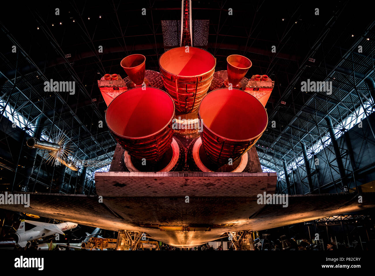 Rocket burners on the tail of the Space Shuttle Discovery on display at the Smithsonian Air and Space Museum's Udvar-Hazy Center in Chantilly, Virginia. Stock Photo