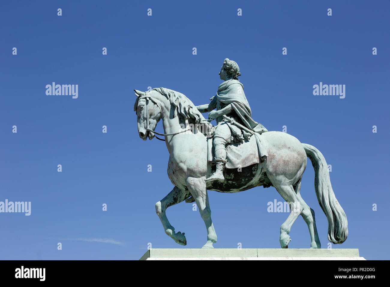 Danish king Frederik V of Denmark and Norway (31 March 1723 – 14 January 1766) on horseback bronze sculpture at Amalienborg palace. Statue by Jacques  Stock Photo