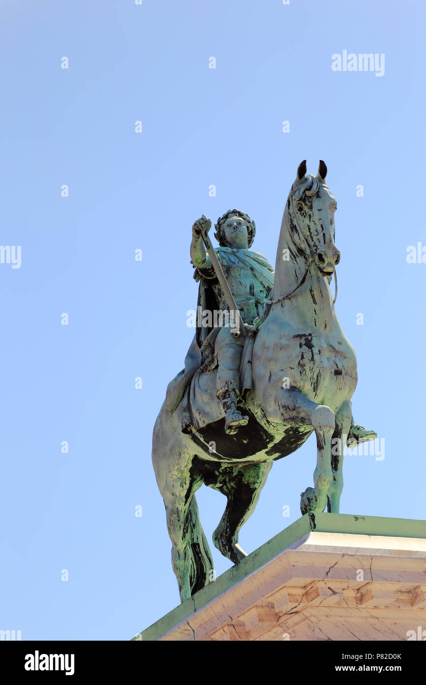 Danish king Frederik V on horseback bronze sculpture at Amalienborg palace, Copenhagen, casted in 1768. Stock Photo