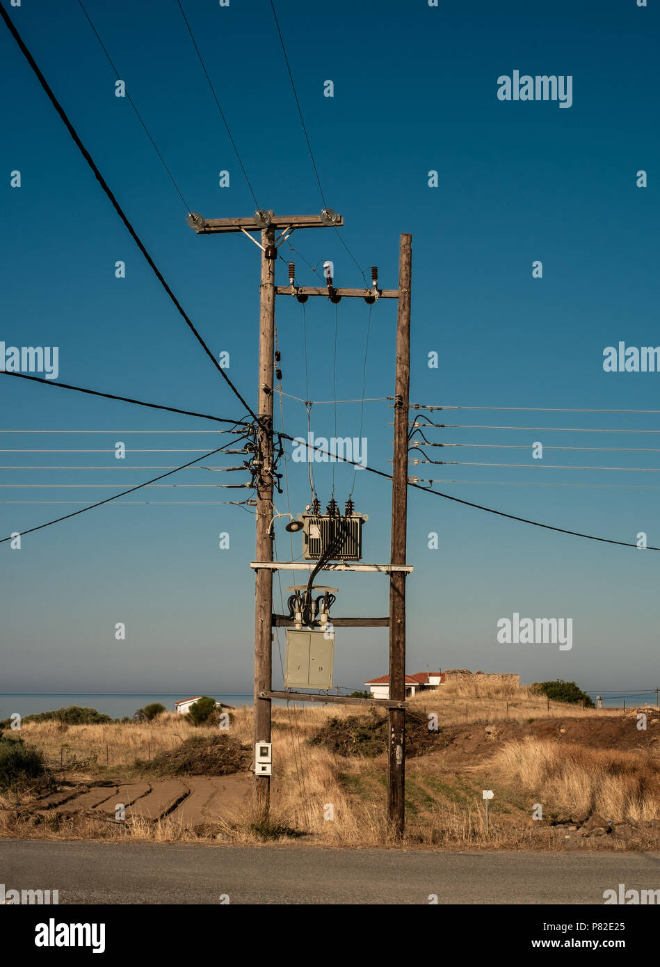 Typical electric pole in Peloponnese, Greece. Stock Photo