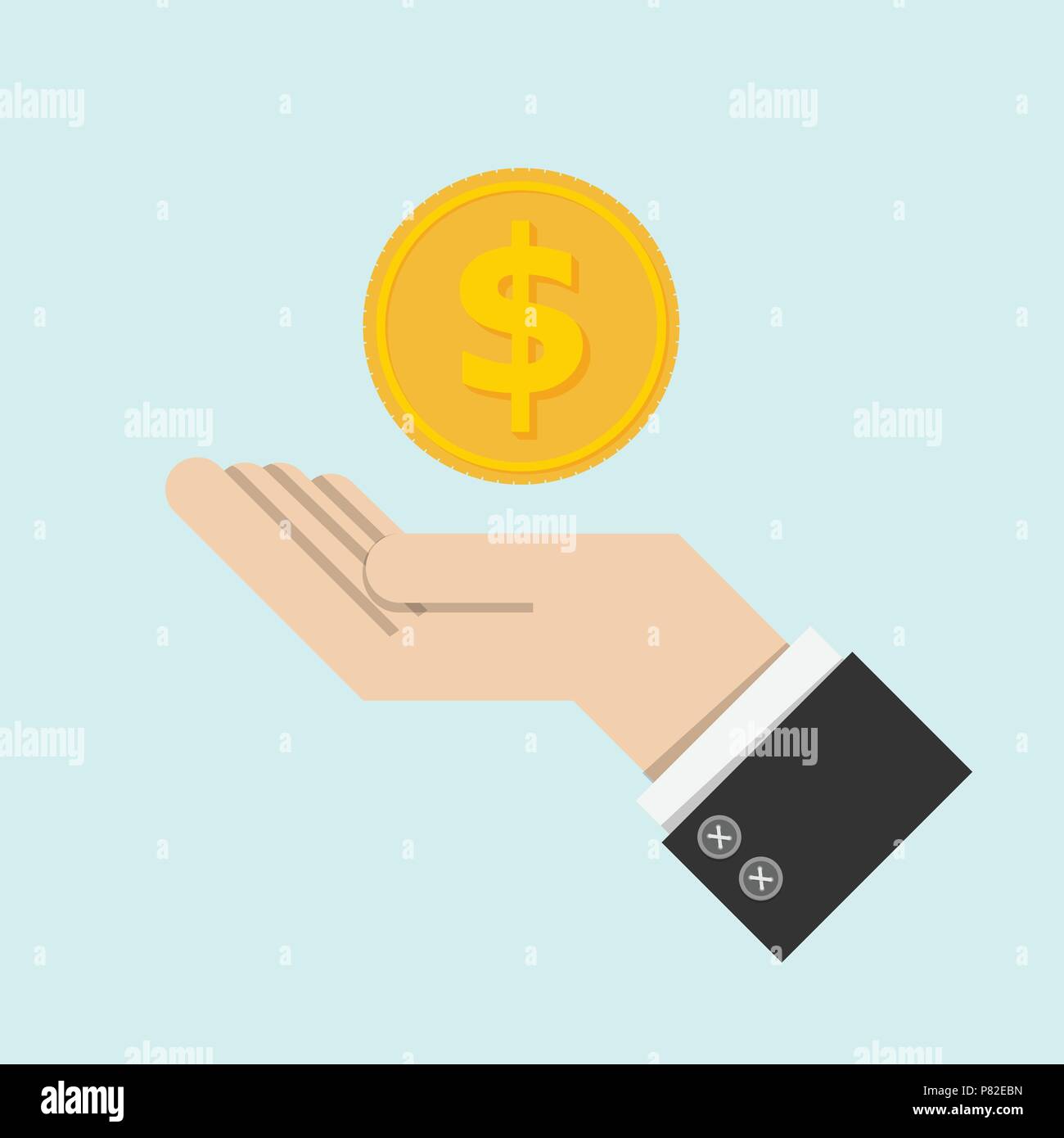 return of an investment concept. gold coin with sign of dollar currency on hand, palm of businessman. invest growth,finance plan, personal management, Stock Vector