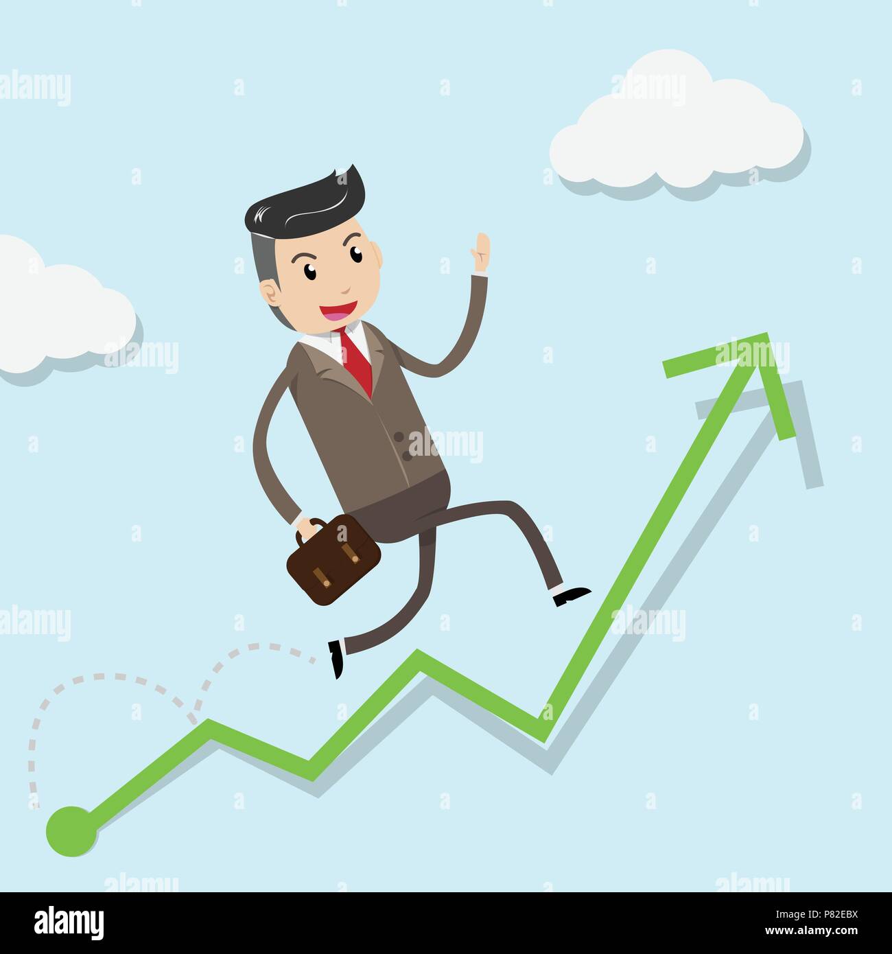 Financial growth success concept with happy businessman climbing up on green graph as step stair start from beginning to success. Business concept for Stock Vector