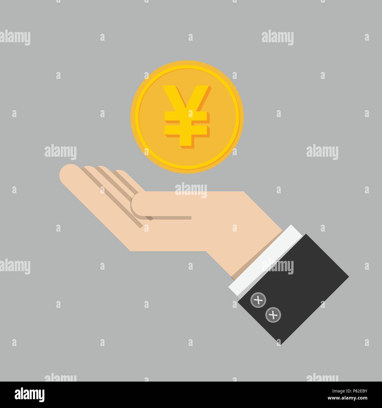 investment return concept. gold coin with sign of Japanese Yen currency on hand, palm of businessman. invest growth, finance plan, personal management Stock Vector