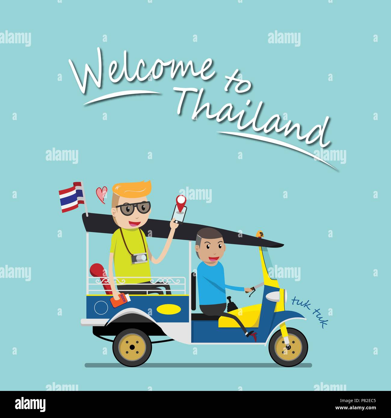 foreign tourist take tuk tuk for sightseeing attraction around Bangkok, Thailand. tuk tuk is a local taxi vehicle with three wheels. ride tuk tuk is m Stock Vector