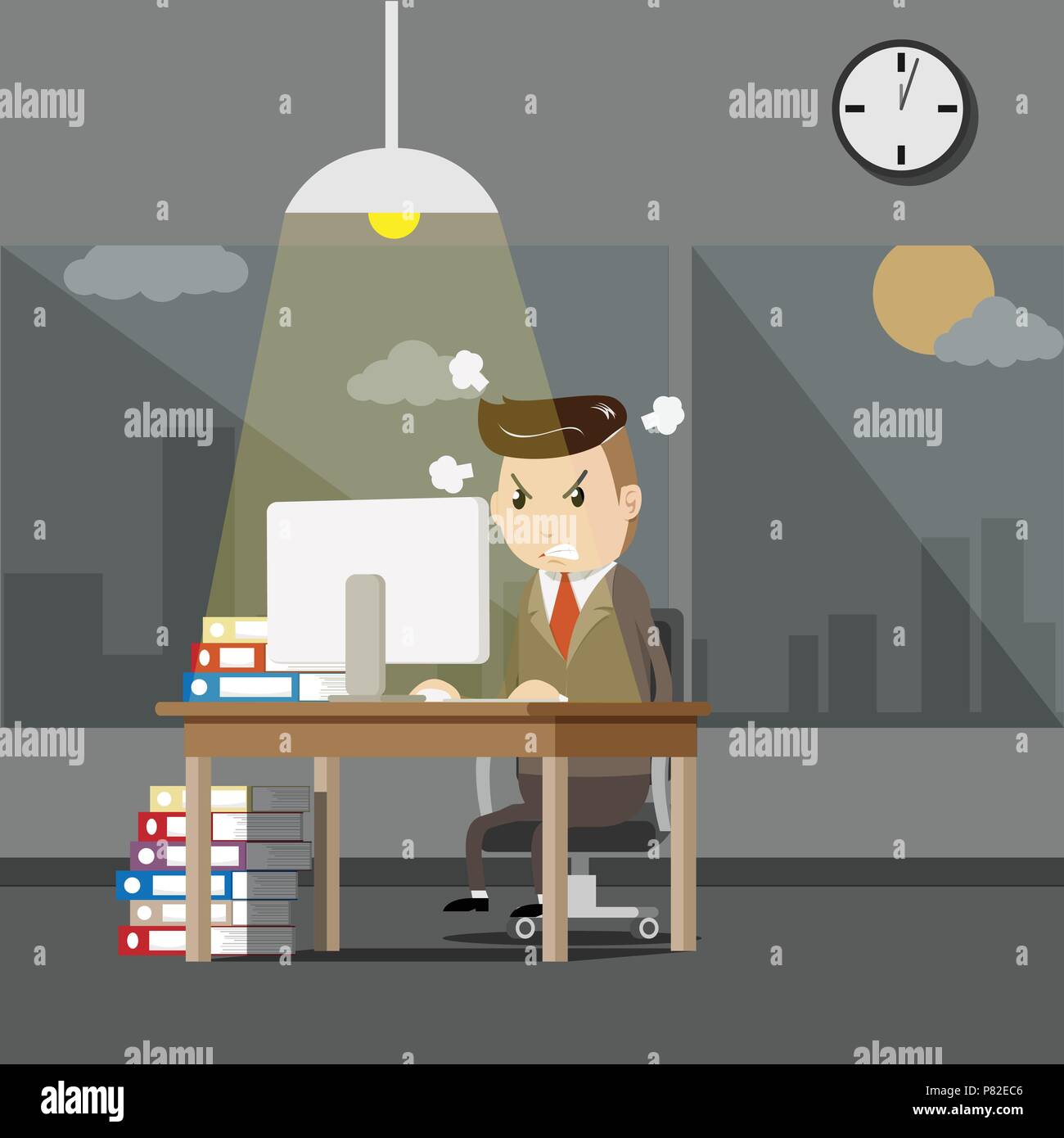 serious boss. senior businessman sitting at his desk with angry face. business man working at the office until night time with stress from overwork. o Stock Vector