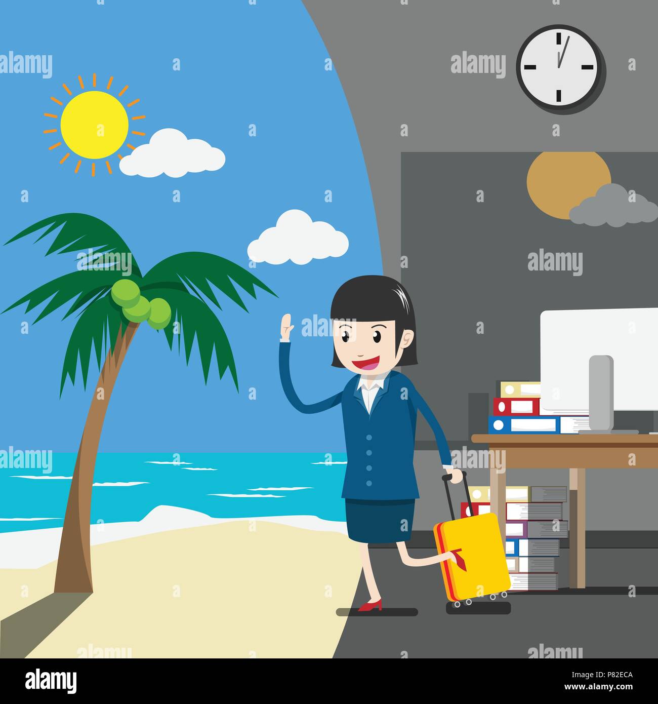vector. holiday or vacation for business people concept. businesswoman or company employee in a suit is towing a luggage from an office to go on vacat Stock Vector