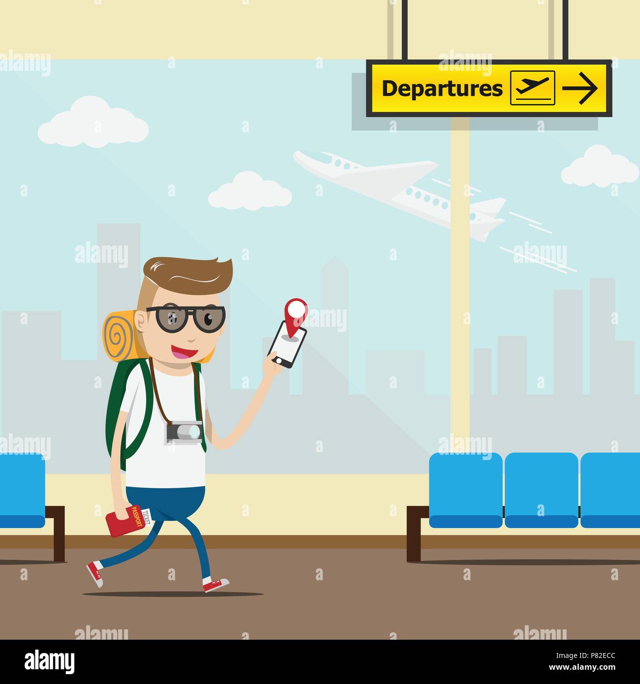 vector. tourist use mobile application for check in at the airport terminal with take off airplane and city building outside window glass for backgrou Stock Vector