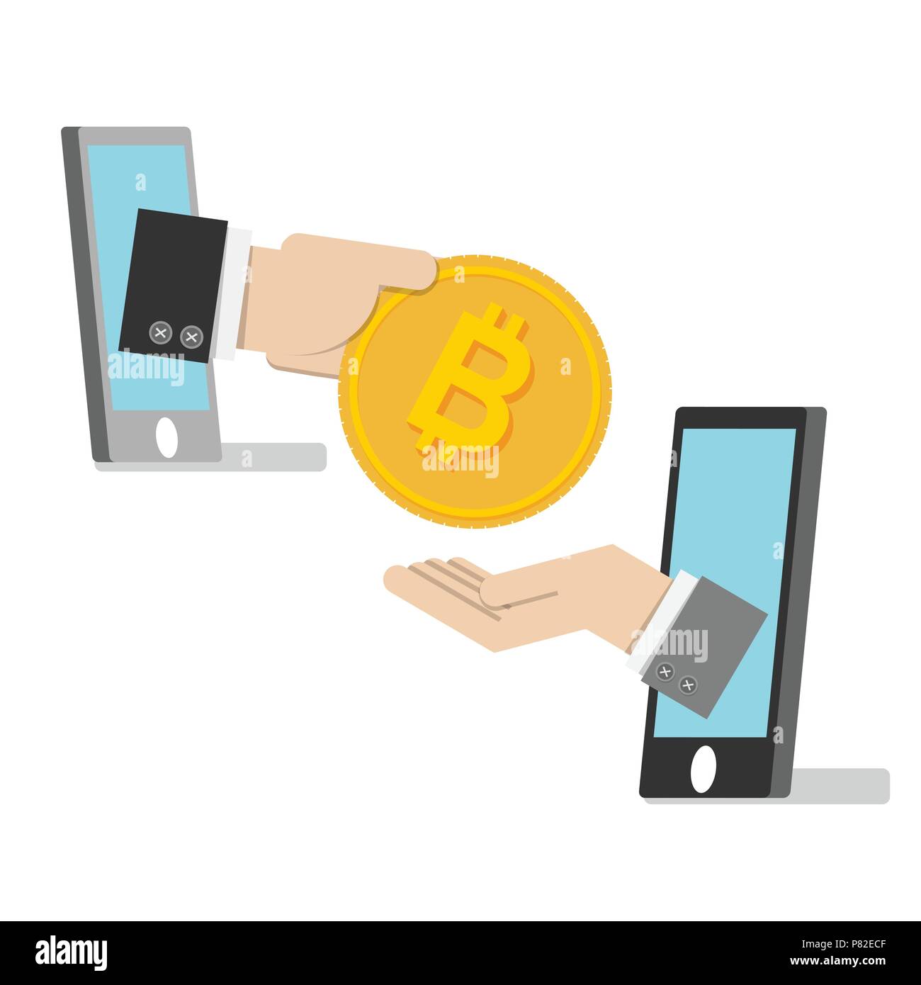 vector illustration. return of an investment. gold coin with sign of bitcoin money currency on hand, palm of businessman. invest growth,finance plan,  Stock Vector