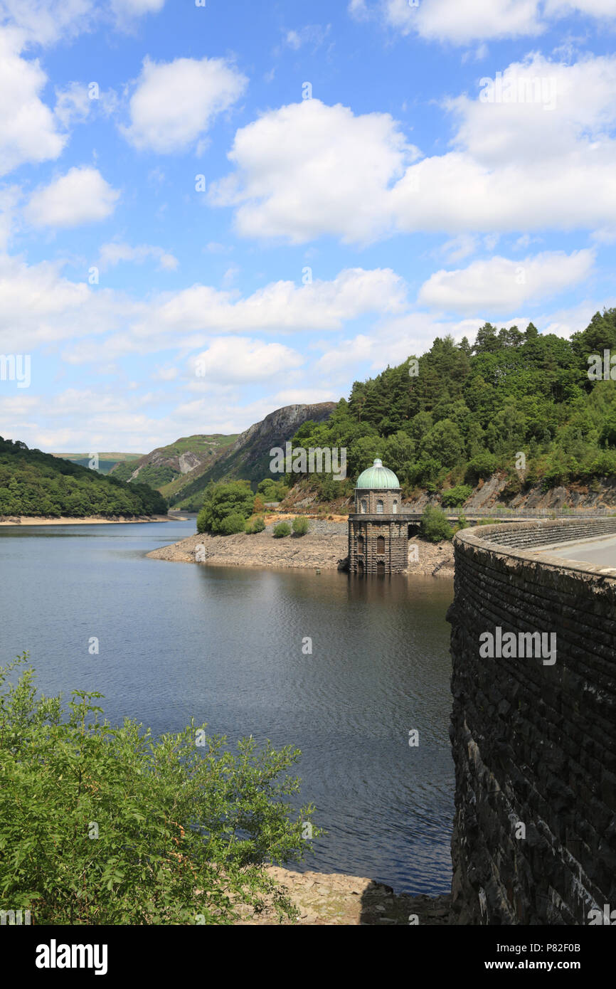 Low water levels at the Elan valley reservoirs, near Rhayader, Powys