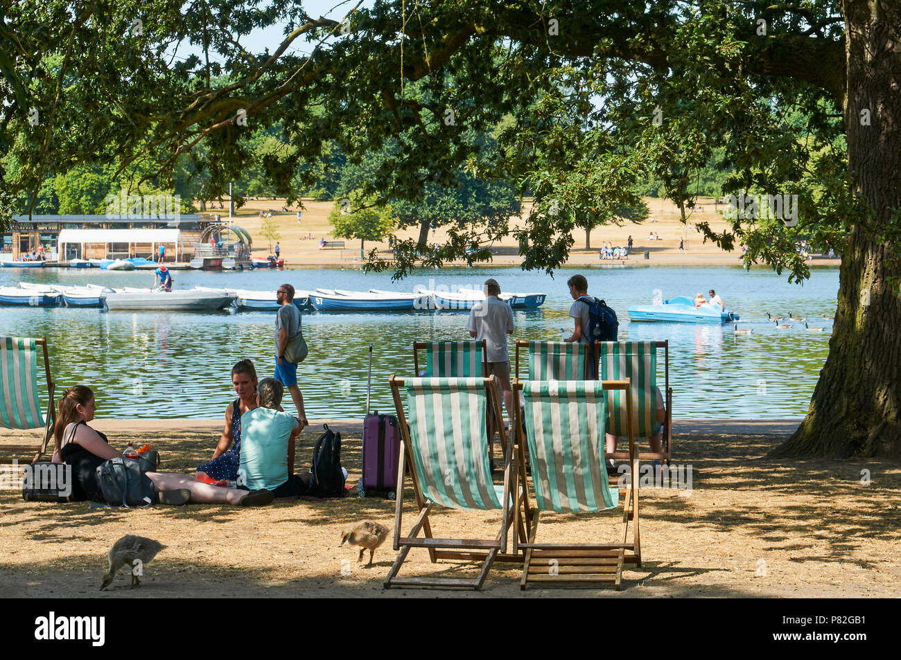 Sunbathers and walkers in Hyde Park, London UK, with the Serpentine in background, during the July 2018 heatwave Stock Photo