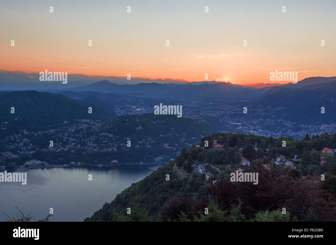 Lake Como at sunset taken from the brunate hill. Lombardy, Italy Stock Photo