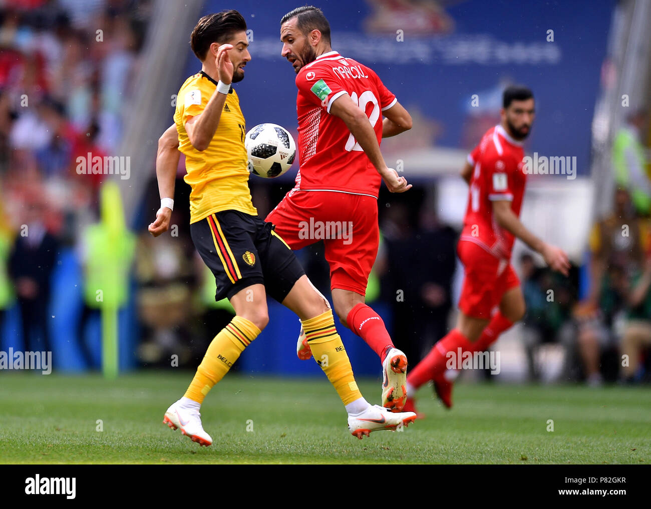 MOSCOW, RUSSIA - JUNE 23: Yannick Carrasco of Belgium competes with Ali Maaloul of Tunisia during the 2018 FIFA World Cup Russia group G match between Belgium and Tunisia at Spartak Stadium on June 23, 2018 in Moscow, Russia. (Photo by Lukasz Laskowski/PressFocus/MB Media) Stock Photo