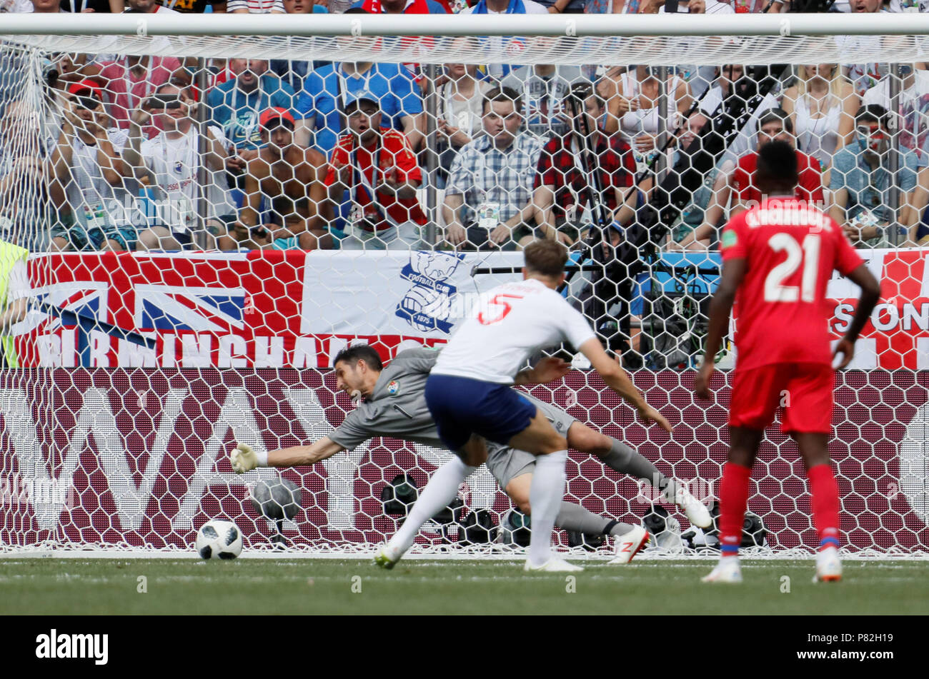 NIZHNY NOVGOROD, RUSSIA - JUNE 24: John Stones (N5) of England national team scores a goal past Jaime Penedo (C) of Panama national team during the 2018 FIFA World Cup Russia group G match between England and Panama at Nizhny Novgorod Stadium on June 24, 2018 in Nizhny Novgorod, Russia. (MB Media) Stock Photo