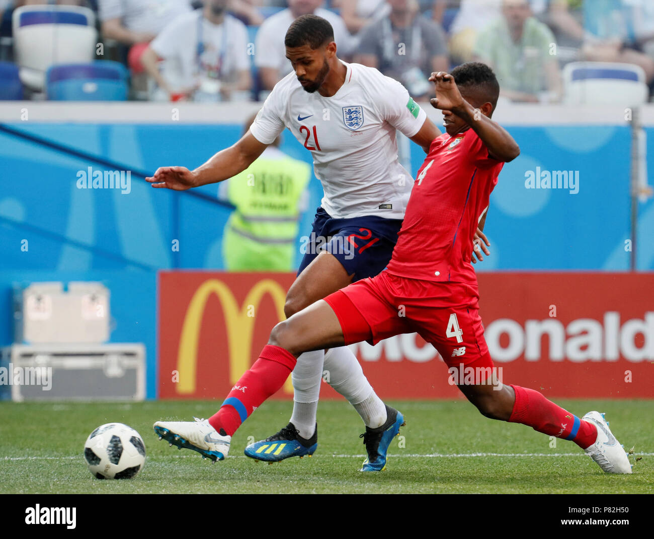 NIZHNY NOVGOROD, RUSSIA - JUNE 24: Ruben Loftus-Cheek (L) of England national team and Fidel Escobar of Panama national team vie for the ball during the 2018 FIFA World Cup Russia group G match between England and Panama at Nizhny Novgorod Stadium on June 24, 2018 in Nizhny Novgorod, Russia. (MB Media) Stock Photo