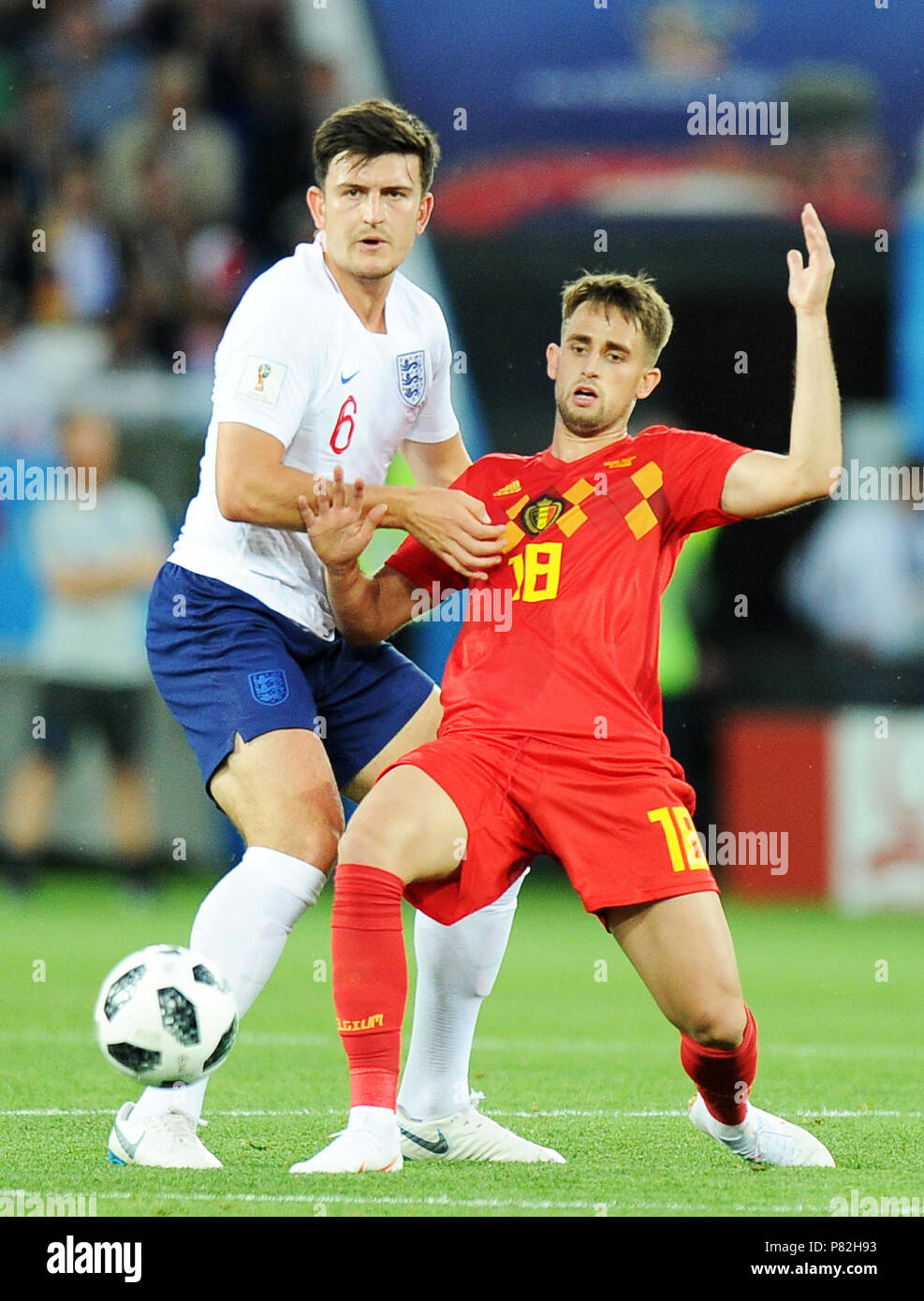 KALININGRAD, RUSSIA - JUNE 28: Harry Maguire of England competes with Adnan Januzaj of Belgium during the 2018 FIFA World Cup Russia group G match between England and Belgium at Kaliningrad Stadium on June 28, 2018 in Kaliningrad, Russia. (Photo by Norbert Barczyk/PressFocus/MB Media/) Stock Photo