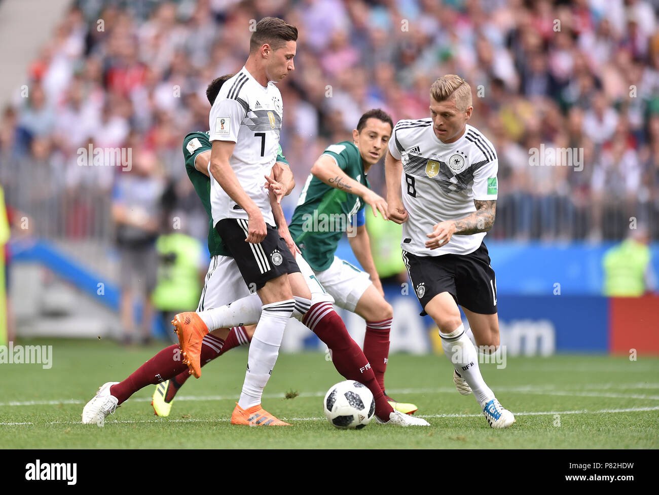 MOSCOW, RUSSIA - JUNE 17: Julian Draxler and Toni Kroos of Germany in action during the 2018 FIFA World Cup Russia group F match between Germany and Mexico at Luzhniki Stadium on June 17, 2018 in Moscow, Russia. (Photo by Lukasz Laskowski/PressFocus/MB Media) Stock Photo