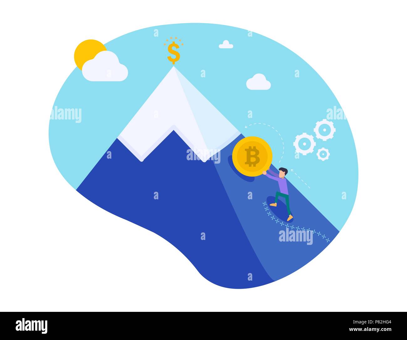Businessman pushing golden bitcoin climbing the hill with sky background.  Growth of the crypto currency. Mining electronic money. Sisyphean labor  litt Stock Vector Image & Art - Alamy