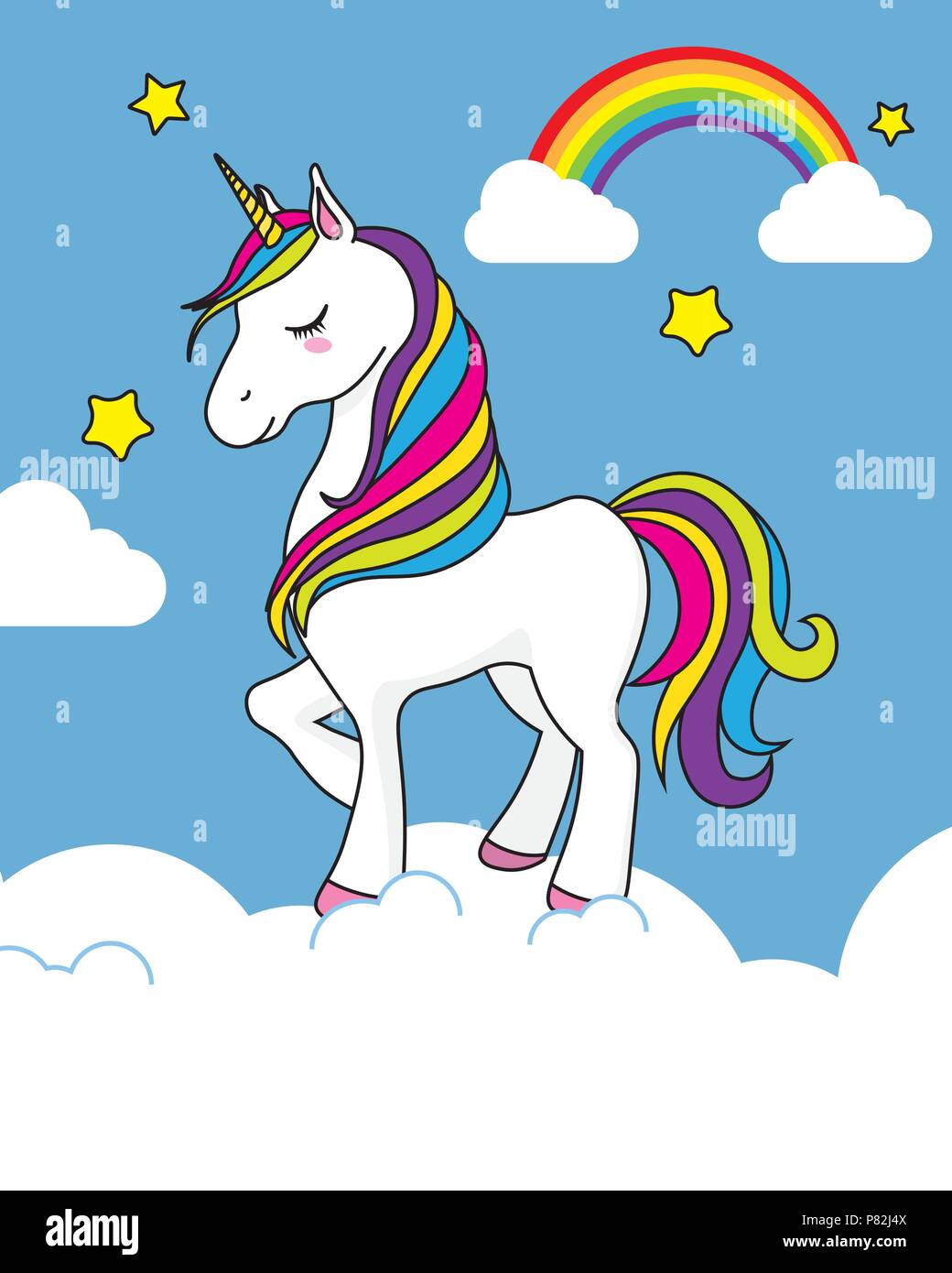 pretty unicorn card above the clouds, star and rainbow Stock Vector ...
