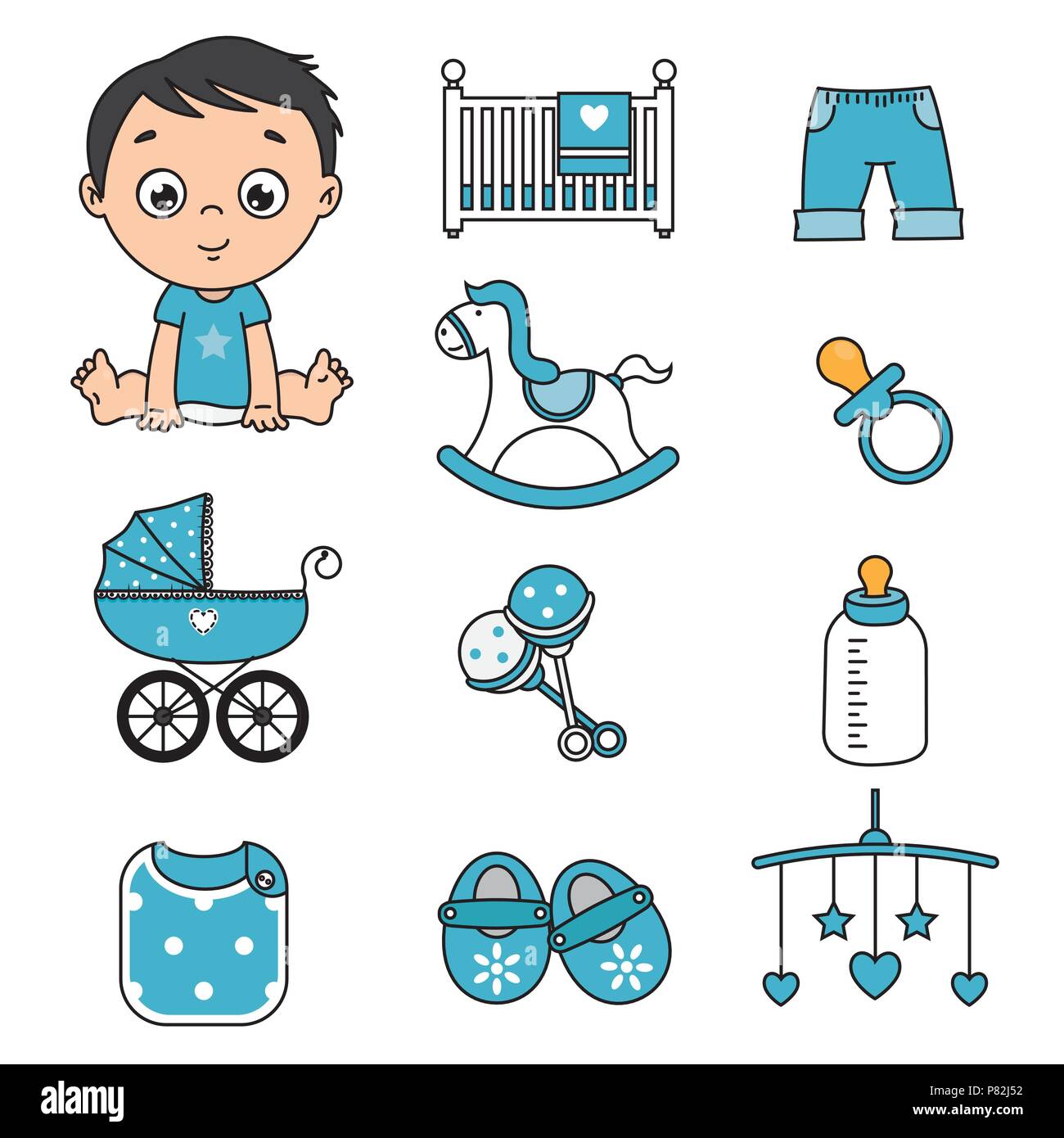 baby boy and baby icons. Accessories, clothes and toys Stock Vector