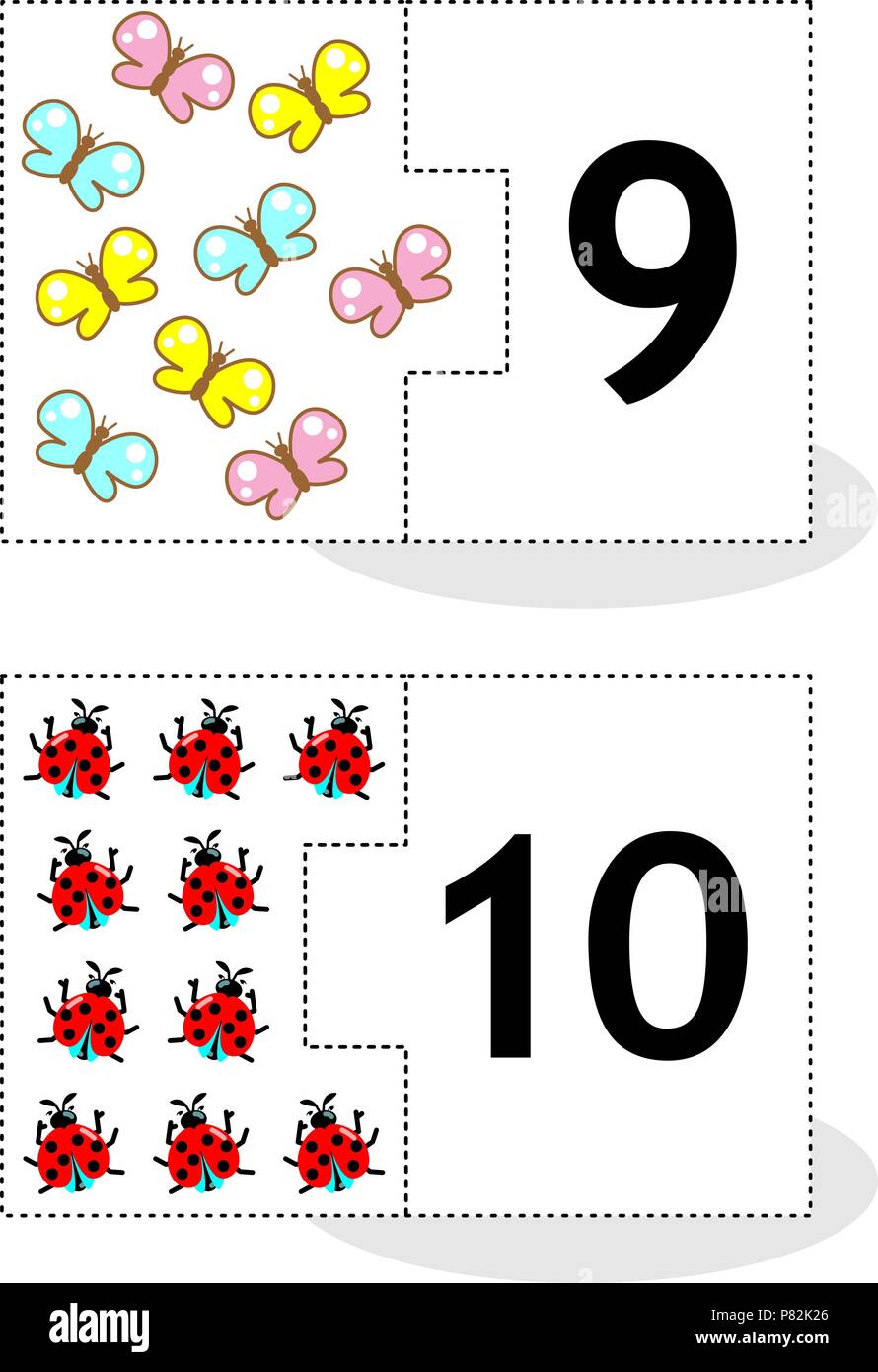 Learn counting 2-part puzzle cards to cut out and play, with butterflies and ladybugs, numbers 9, 10 Stock Vector