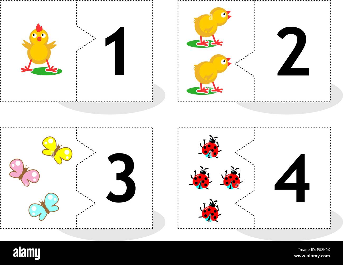Learn counting 2-part puzzle cards to cut out and play, with chicks, butterflies, ladybugs, numbers 1 - 4 Stock Vector