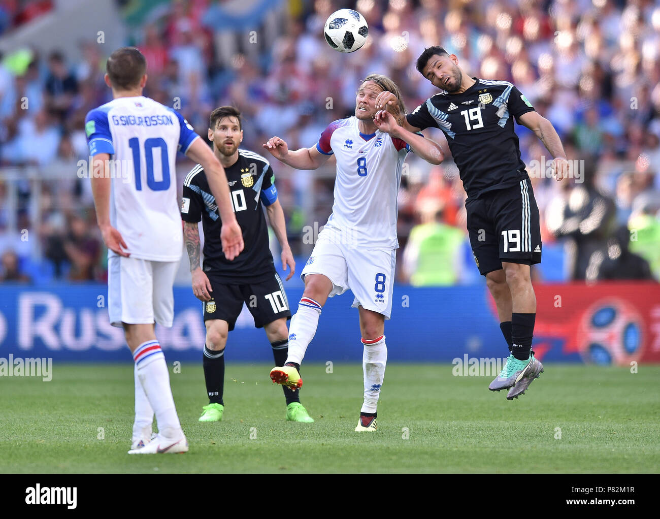 MOSCOW, RUSSIA - JUNE 16: Birkir Bjarnason of Iceland competes with Sergio Aguero of Argentina during the 2018 FIFA World Cup Russia group D match between Argentina and Iceland at Spartak Stadium on June 16, 2018 in Moscow, Russia. (Photo by Lukasz Laskowski/PressFocus/MB Media) Stock Photo