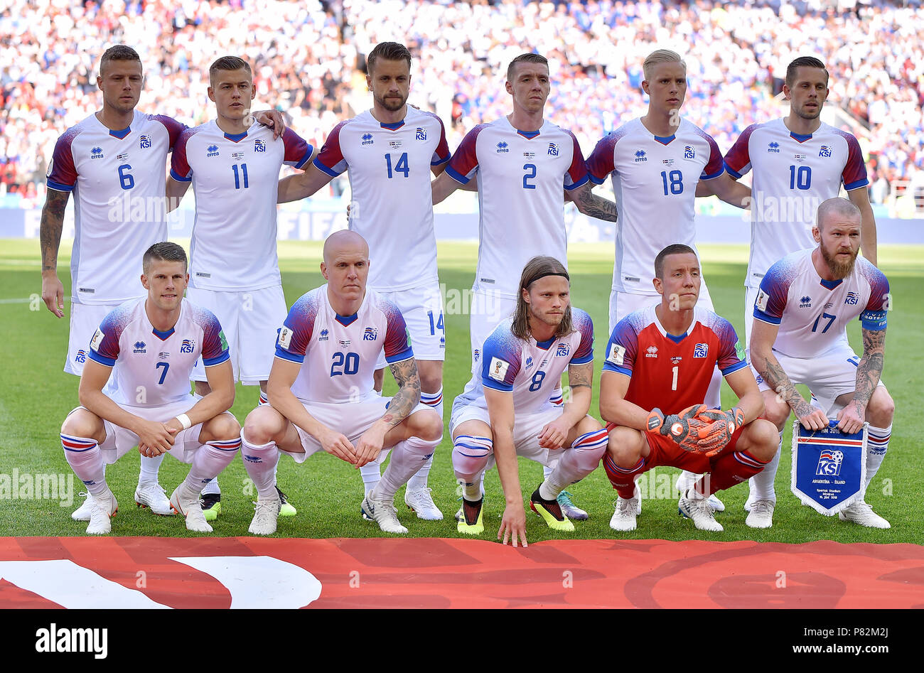 MOSCOW, RUSSIA - JUNE 16: Team photo Ragnar Sigurdsson of Iceland, Alfred Finnbogason of Iceland, Kari Arnason of Iceland, Birkir Saevarsson of Iceland, Hordur Magnusson of Iceland, Gylfi Sigurdsson of Iceland, Johann Gudmundsson of Iceland, Emil Hallfredsson of Iceland, Birkir Bjarnason of Iceland, Hannes Halldorsson of Iceland, Aron Gunnarsson of Iceland before the 2018 FIFA World Cup Russia group D match between Argentina and Iceland at Spartak Stadium on June 16, 2018 in Moscow, Russia. (Photo by Lukasz Laskowski/PressFocus/MB Media) Stock Photo