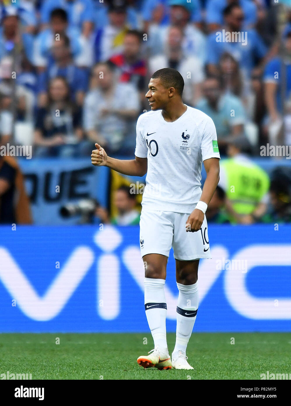 NIZHNY NOVGOROD, RUSSIA - JULY 06: Kylian Mbappe of France reacts during the 2018 FIFA World Cup Russia Quarter Final match between Uruguay and France at Nizhny Novgorod Stadium on July 6, 2018 in Nizhny Novgorod, Russia. (Photo by Lukasz Laskowski/PressFocus/MB Media) Stock Photo