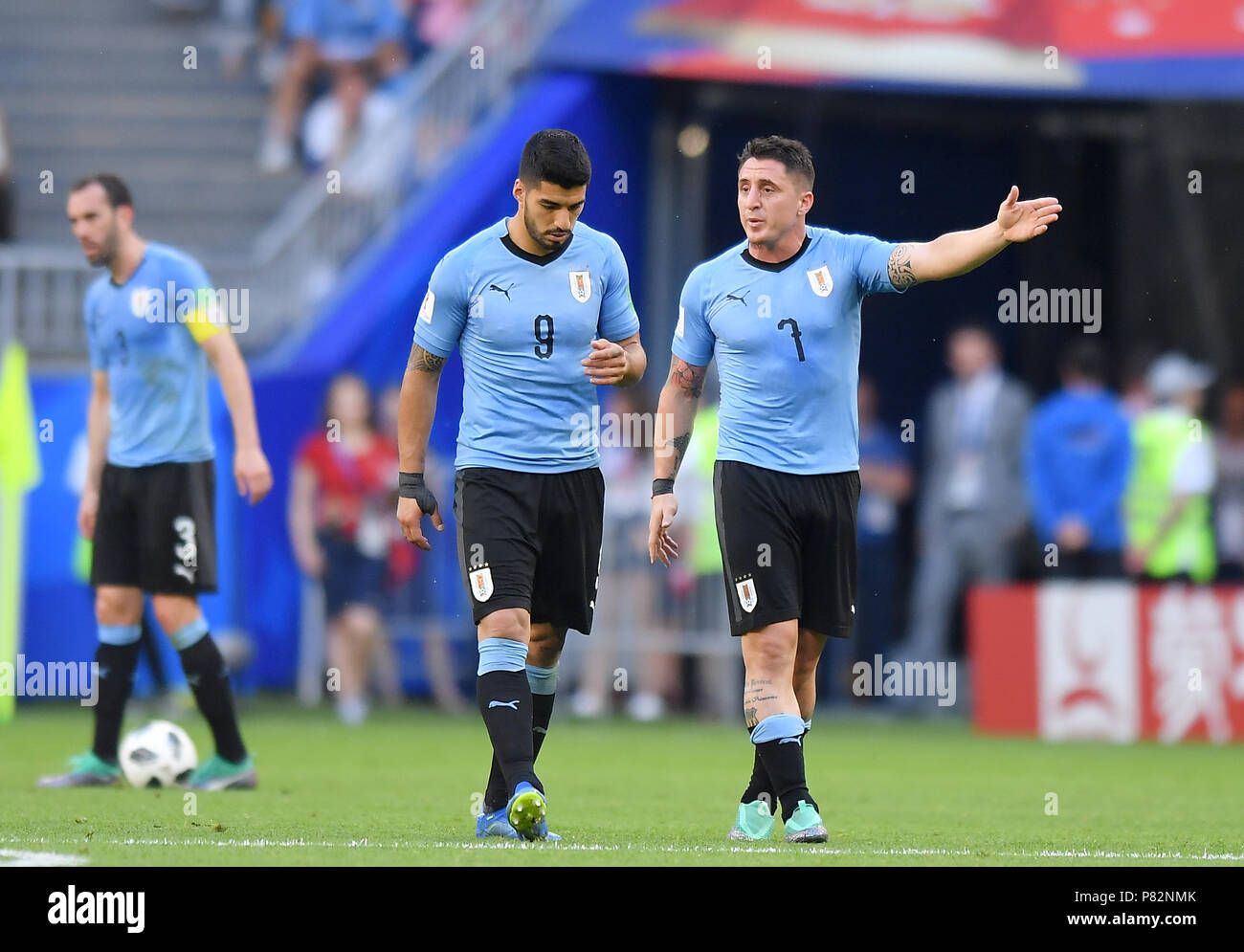 SAMARA, RUSSIA - JUNE 25: Luis Suarez and Cristian Rodriguez of Uruguay reacts during the 2018 FIFA World Cup Russia group A match between Uruguay and Russia at Samara Arena on June 25, 2018 in Samara, Russia. (Photo by Lukasz Laskowski/PressFocus/MB Media) Stock Photo