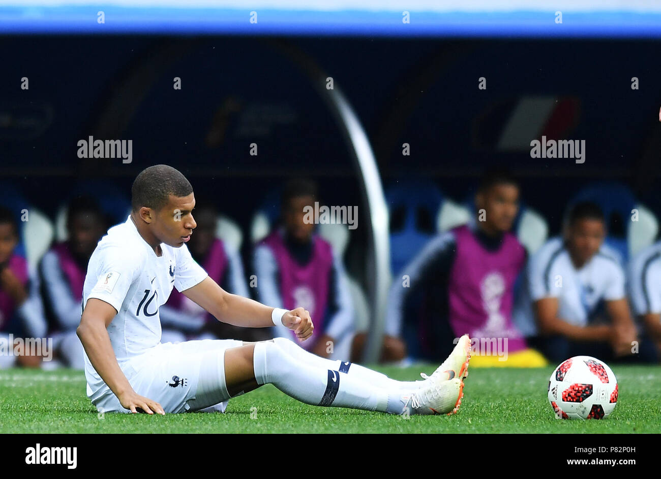 NIZHNY NOVGOROD, RUSSIA - JULY 06: Kylian Mbappe of France reacts during the 2018 FIFA World Cup Russia Quarter Final match between Uruguay and France at Nizhny Novgorod Stadium on July 6, 2018 in Nizhny Novgorod, Russia. (Photo by Lukasz Laskowski/PressFocus/MB Media) Stock Photo