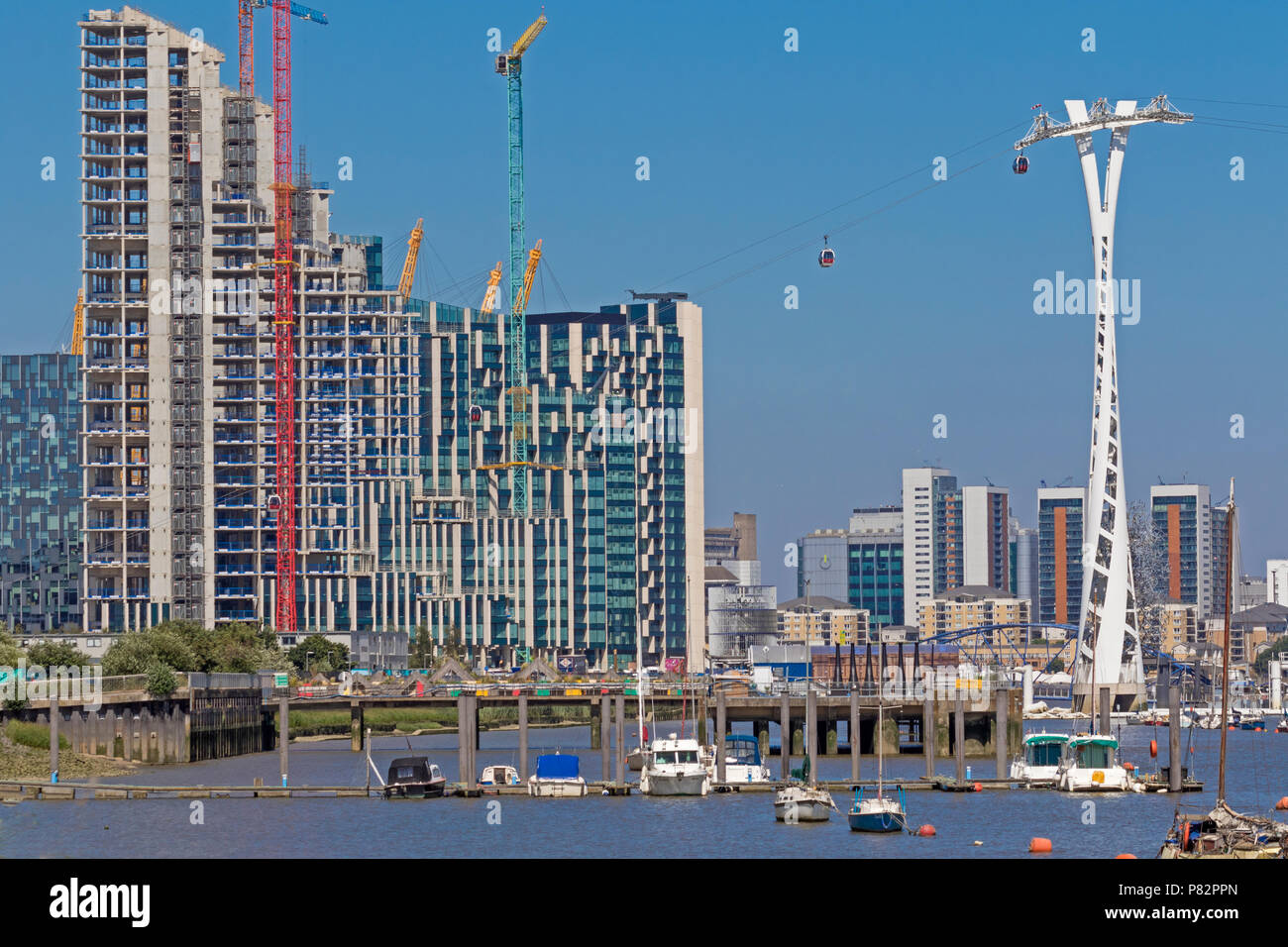 London, North Greenwich  A part of North Greenwich Peninsula viewed from downstream. Stock Photo