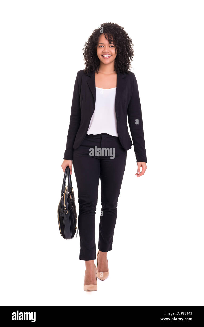 Beautiful african business woman posing isolated over white background ...