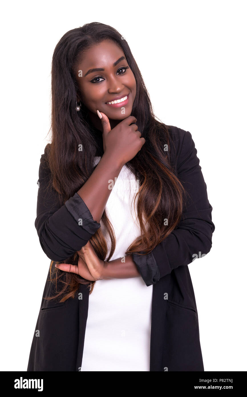 Beautiful african business woman posing isolated over white background ...