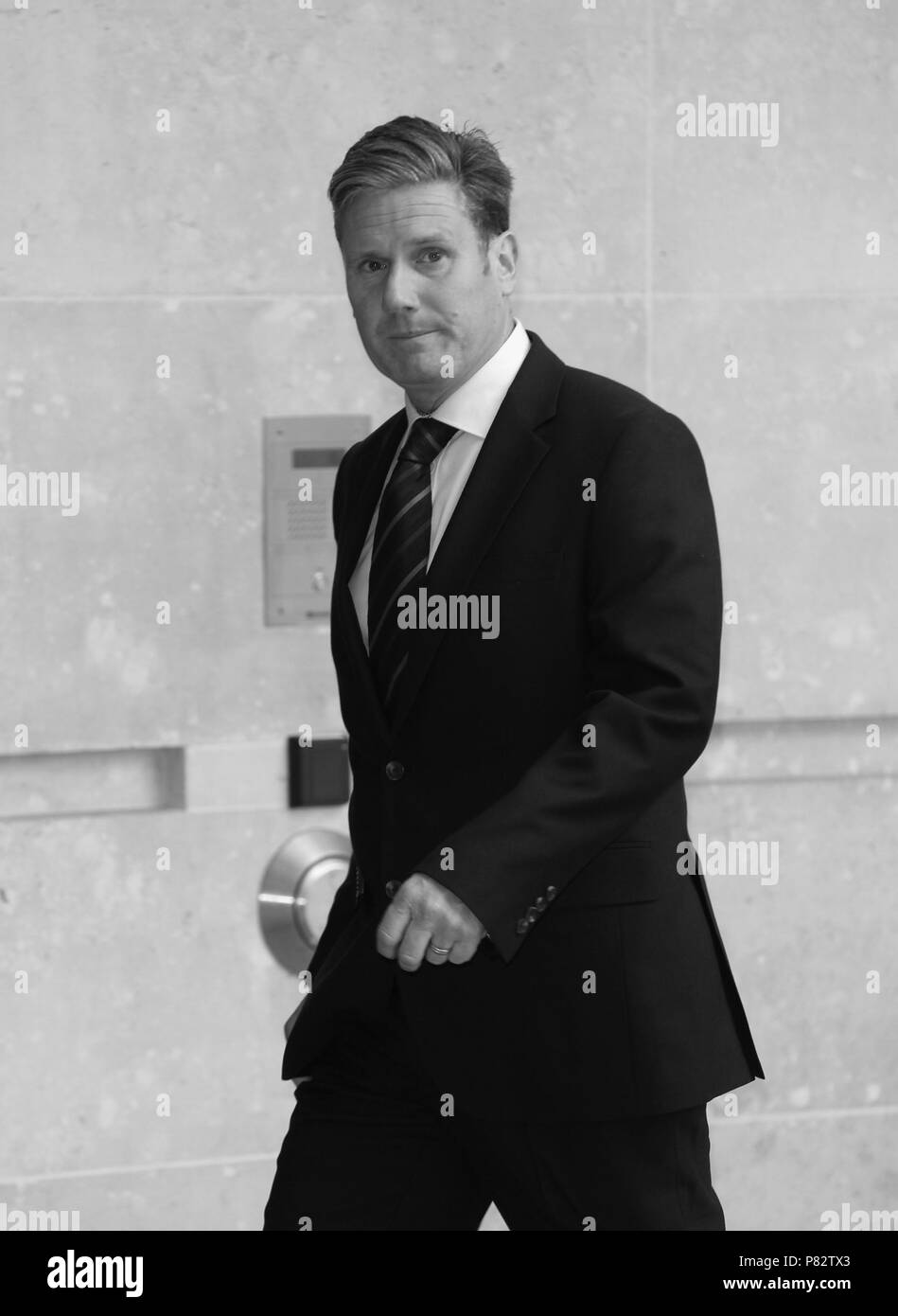 LONDON - JUN 10, 2018: ( Image digitally altered to monochrome ) Sir Keir Starmer, Shadow Secretary of State for Exiting the European Union seen arriving to the BBC studios Stock Photo