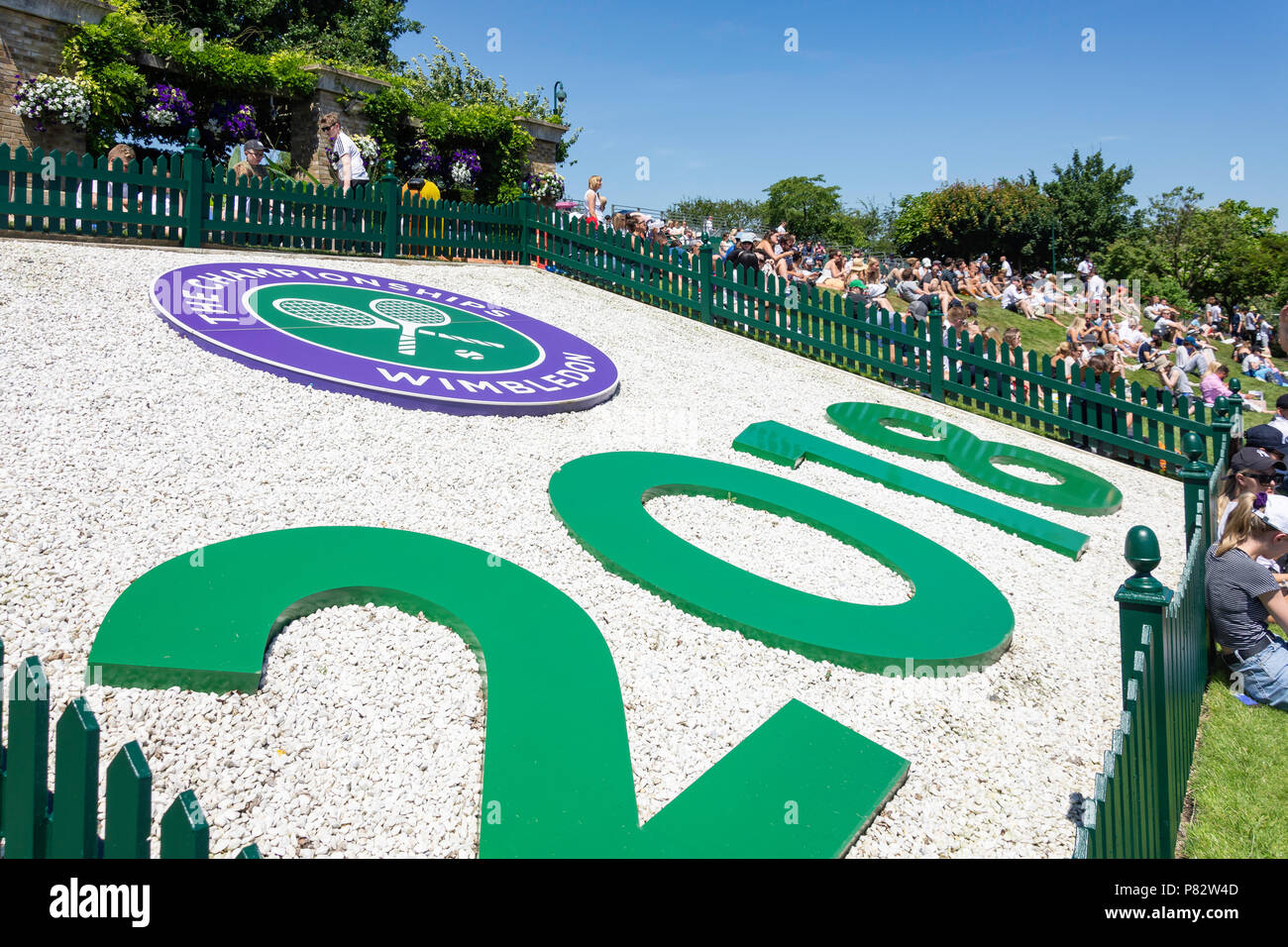 Date sign on Henman Hill, The Championships 2018, Wimbledon, London Borough of Merton, Greater London, England, United Kingdom Stock Photo