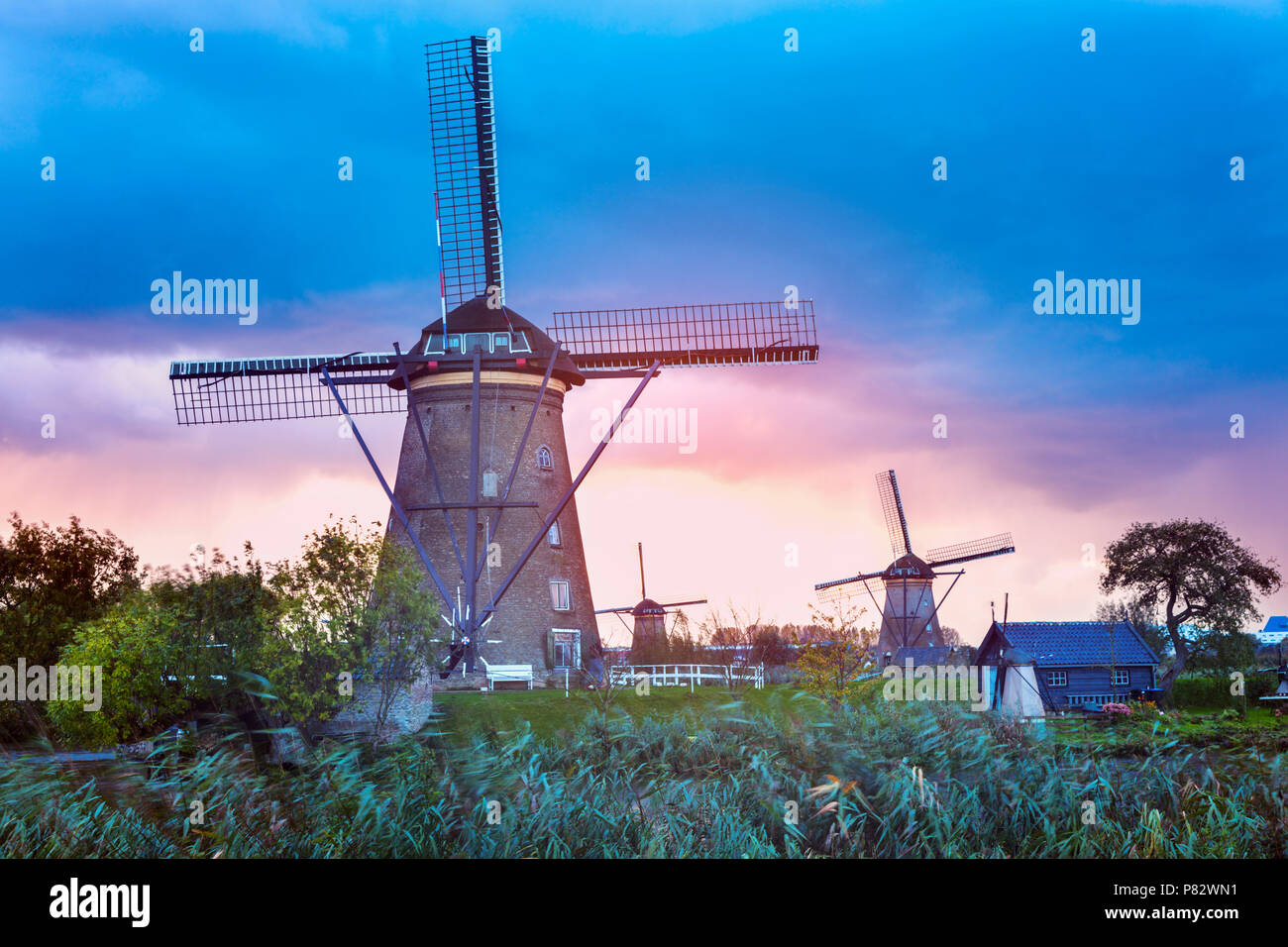Windmills at Kinderdijk. Kinderdijk, South Holland, Netherlands Stock Photo