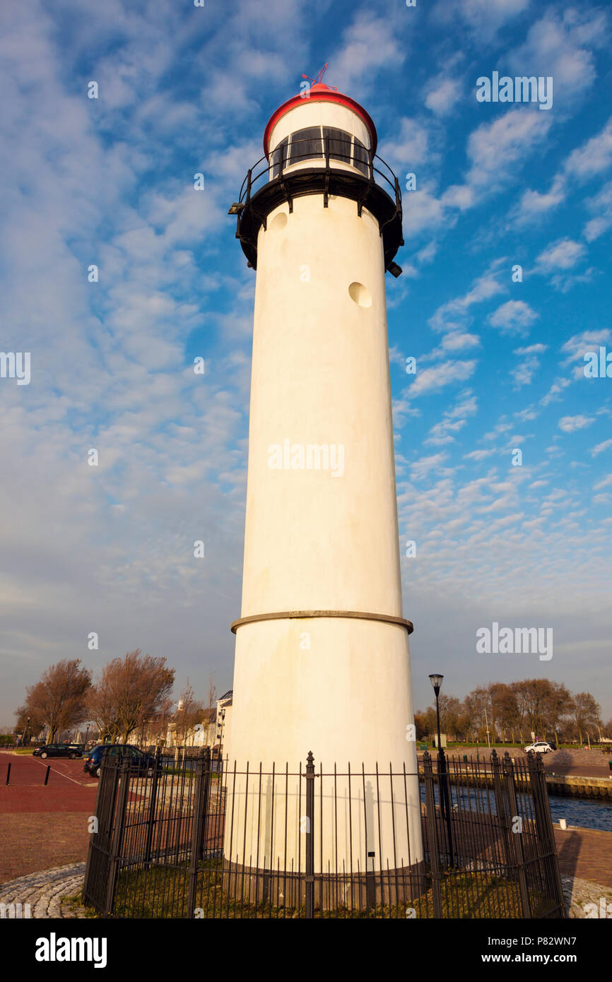 Hellevoetsluis Lighthouse in Netherlands. Hellevoetsluis, South Holland, Netherlands. Stock Photo