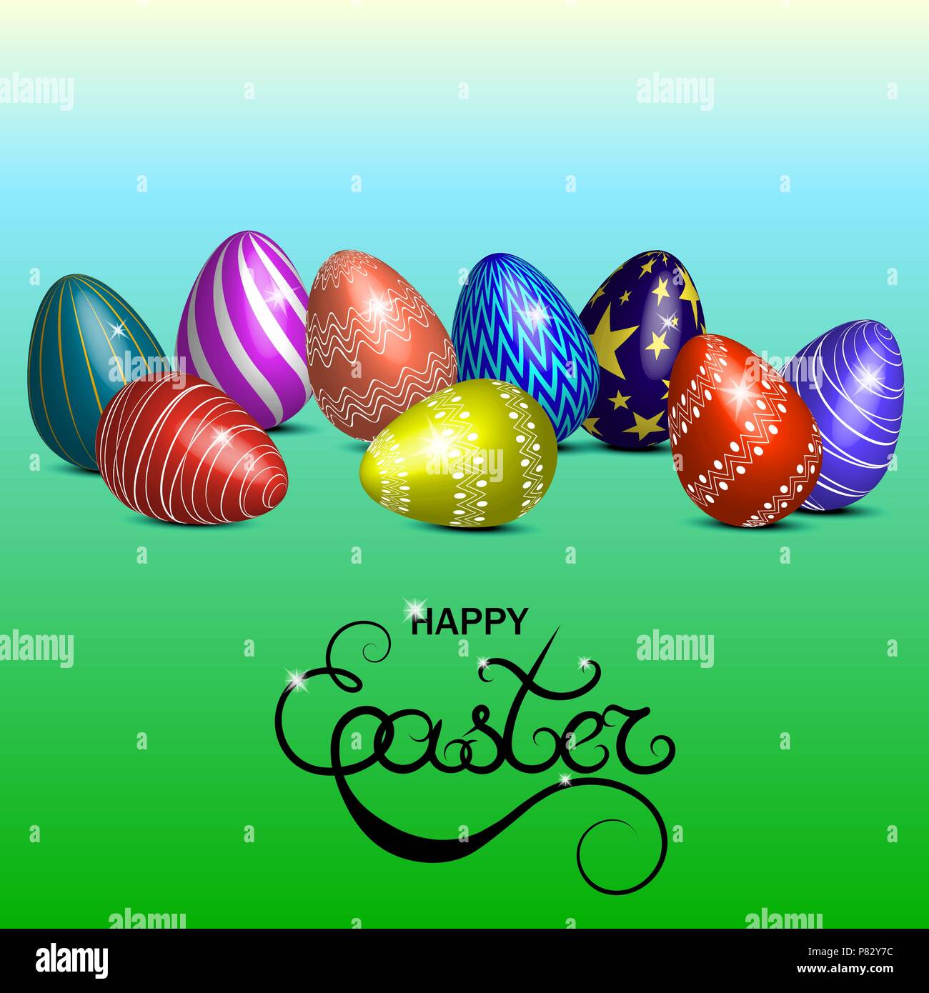 Vector illustration with eggs.. Inscription - happy Easter. Green background Stock Vector