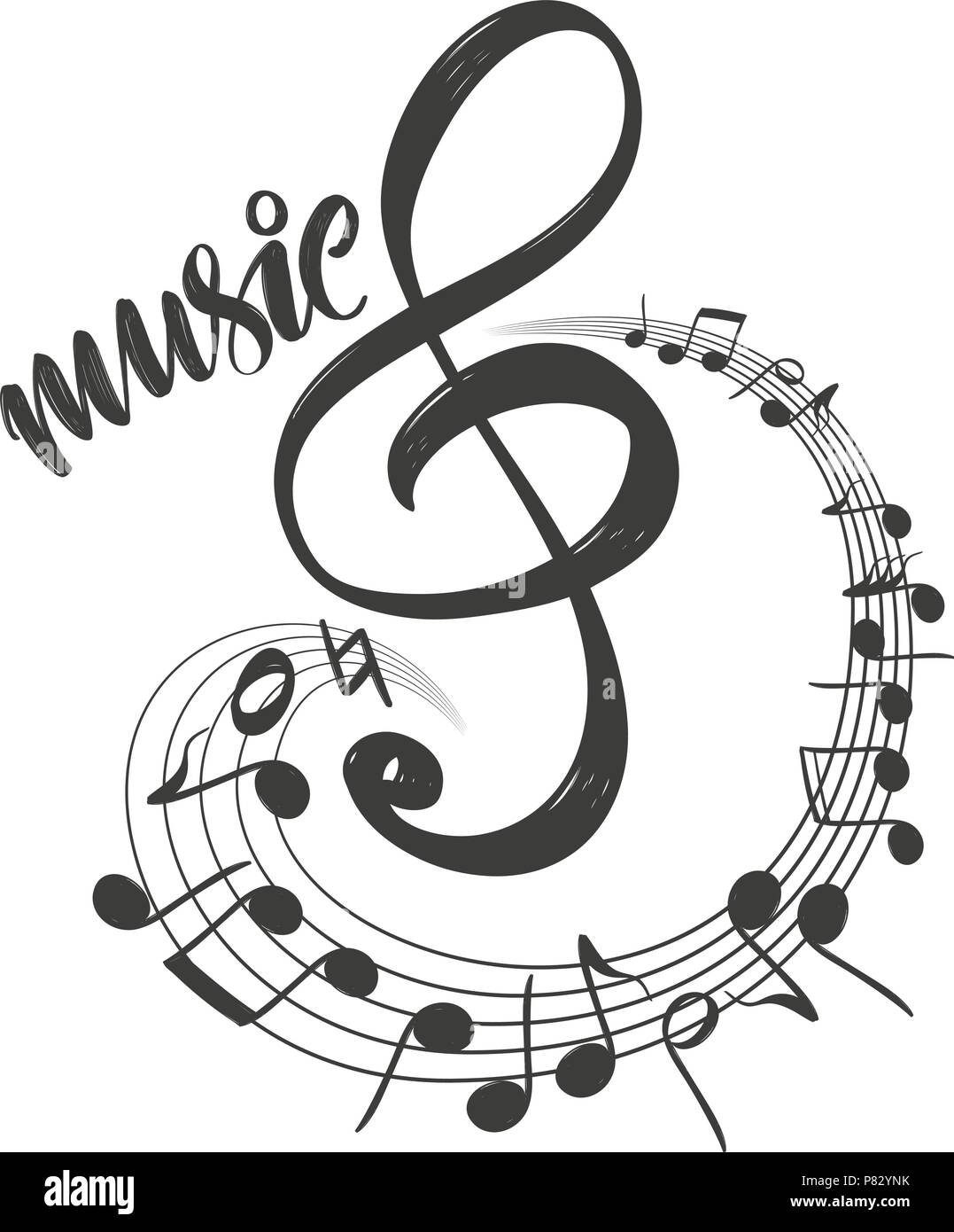 musical notes icon, love music, calligraphy text hand drawn vector illustration sketch Stock Vector