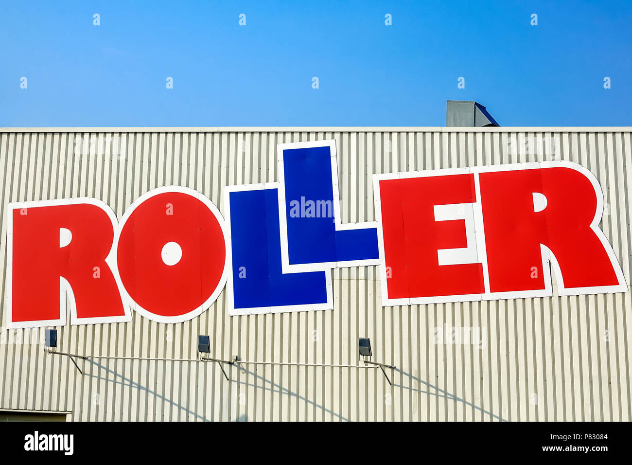 HEUCHELHEIM, Germany - March 25, 2018: Roller logo on a store. Roller is a German furniture discounter based in Gelsenkirchen Stock Photo