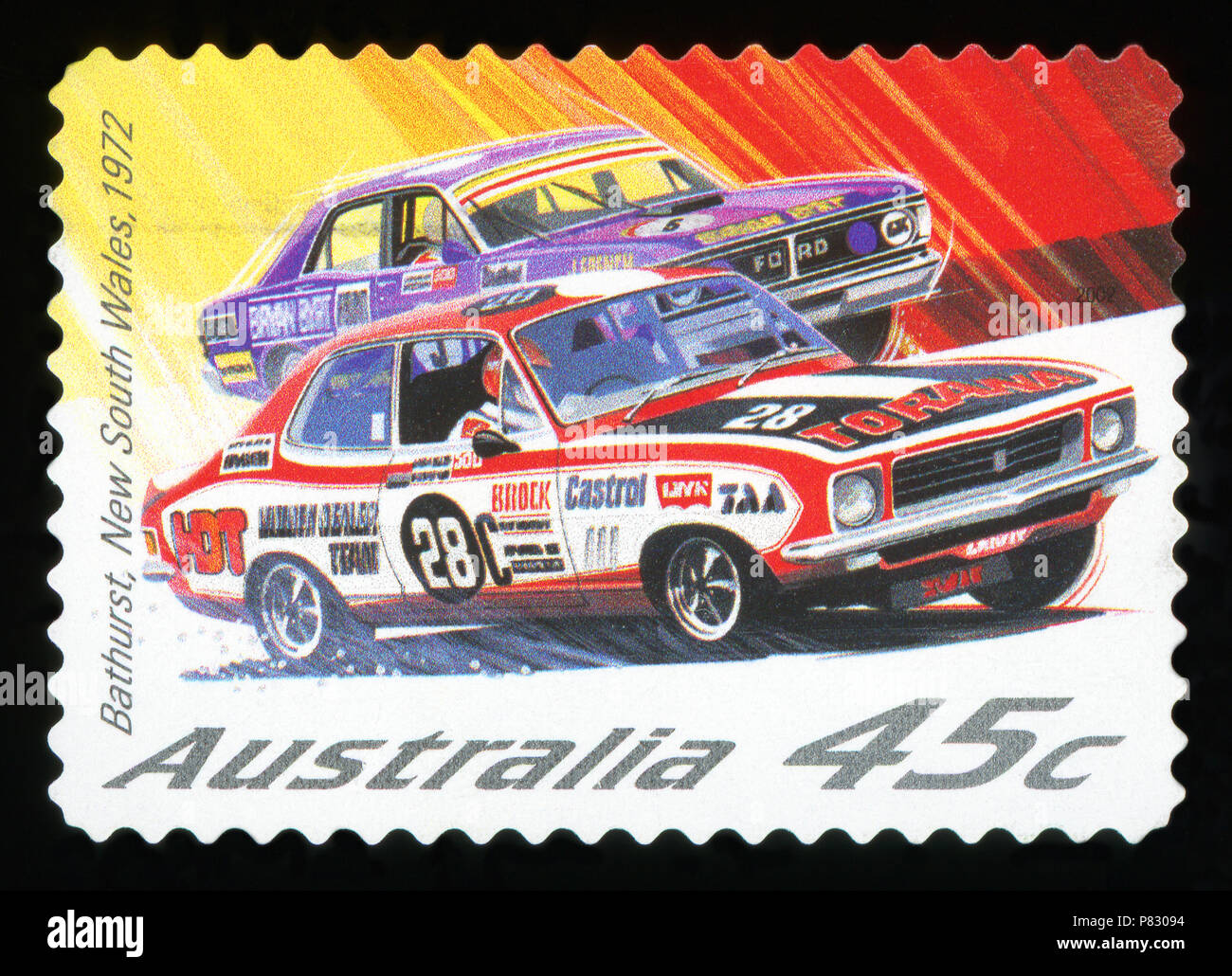 AUSTRALIA - CIRCA 2002: A stamp printed in Australia shows the Holden Torana and Ford Falcon, Hardie-Ferodo 500, Bathurst, (1972), circa 2002 Stock Photo