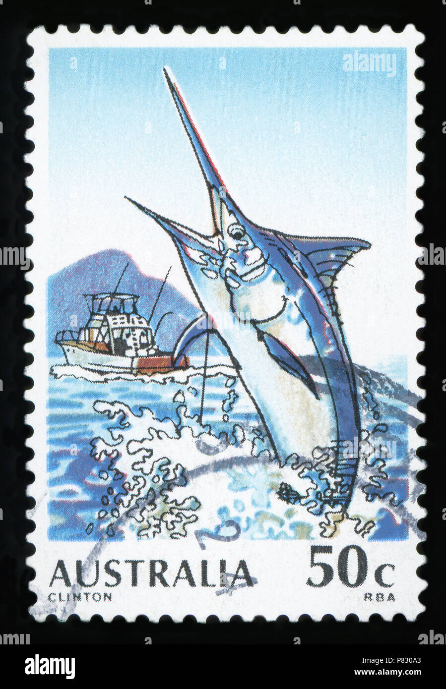 AUSTRALIA - CIRCA 1992: post stamp printed in Australia shows black marlin (Clinton) jumping from the sea; circa 1992 Stock Photo