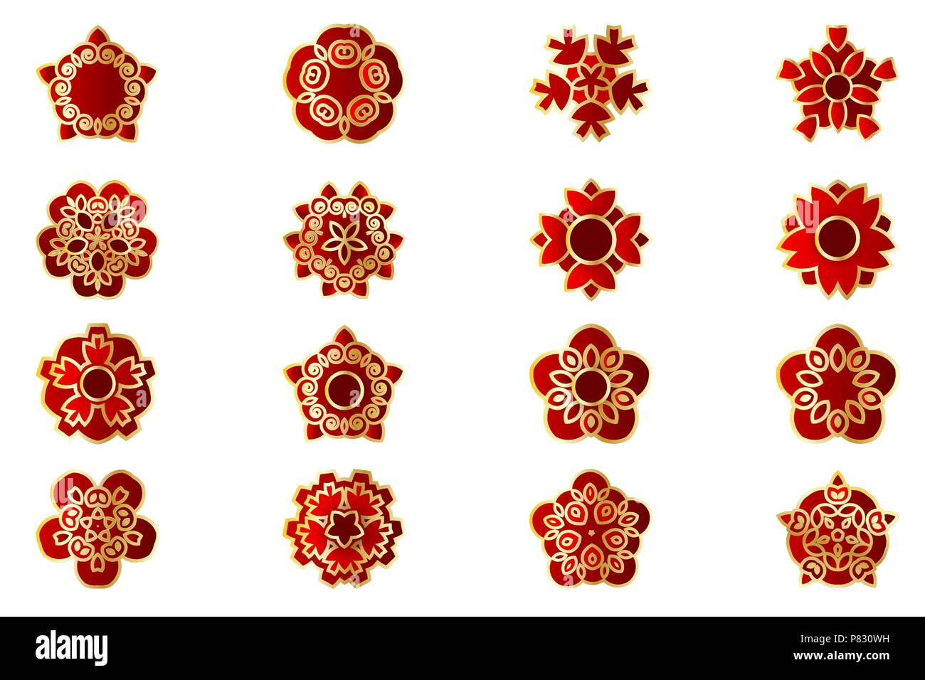 Asian china japan flower set. Red stylised sakura bud geometric golden leaf. Traditional paper cut Eastern new year decor. Vector isolated white backg Stock Vector
