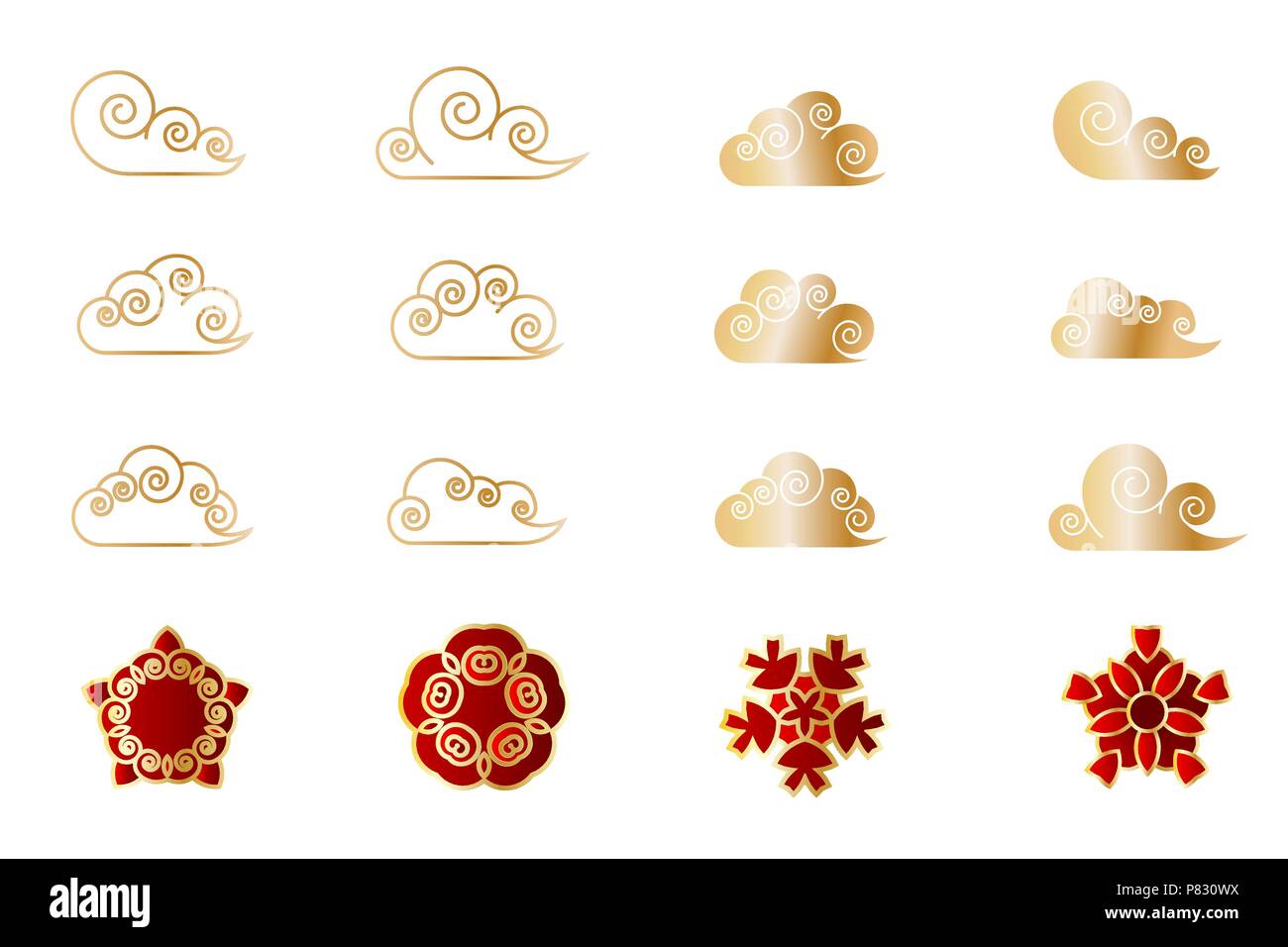 Asian china japan cloud shape flower set. Red stylised sakura bud geometric golden leaf. Traditional paper cut Eastern new year decor. Vector isolated Stock Vector